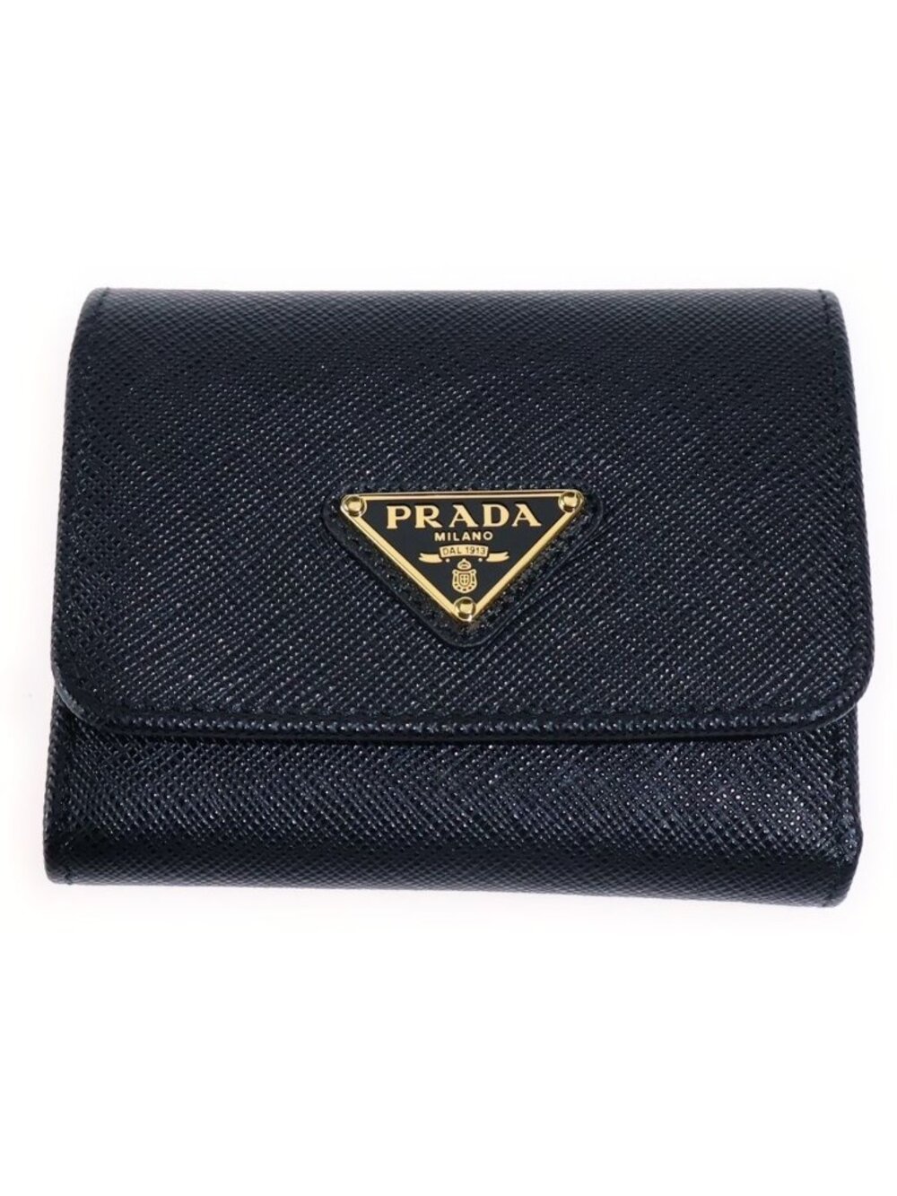 Prada Saffiano Compact Wallet Trifold Coin Purse Black Leather Gold